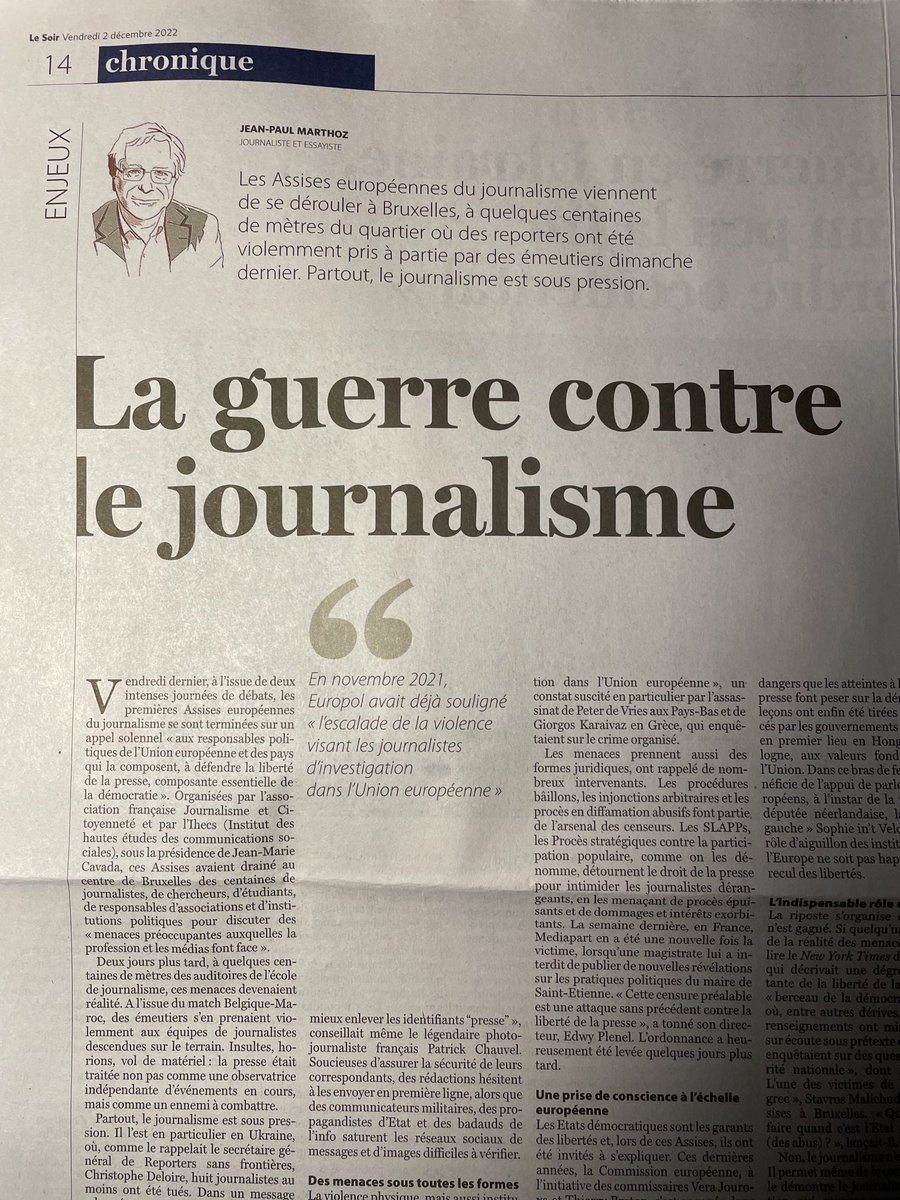Entre ⁦<a href="/LesAssises/">Assises du Journalisme</a>⁩ européennes du journalisme et deux jours de séminaire à ⁦<a href="/UNESCO_fr/">UNESCO en français</a>⁩ et à la Fondation Jean Monnet sur la lutte contre l’impunité des crimes contre les journalistes, ma chronique dans ⁦<a href="/lesoir/">Le Soir</a>⁩ ⁦<a href="/ajpjournalistes/">Association des Journalistes Professionnels</a>⁩ ⁦<a href="/Europarl_FR/">Parlement européen en France</a>⁩