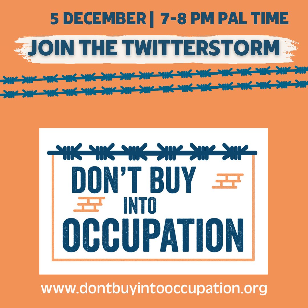 On Mon 5 Dec, the #DontBuyIntoOccupation coalition releases its 2nd report on the complicity of European Financial Institutions & businesses in Israel's illegal settlement enterprise.

🚨Online launch: 3-4 pm Pal time ➡️ shorturl.at/dfKP2
🚨 Twitterstorm: 7-8 pm Pal time.