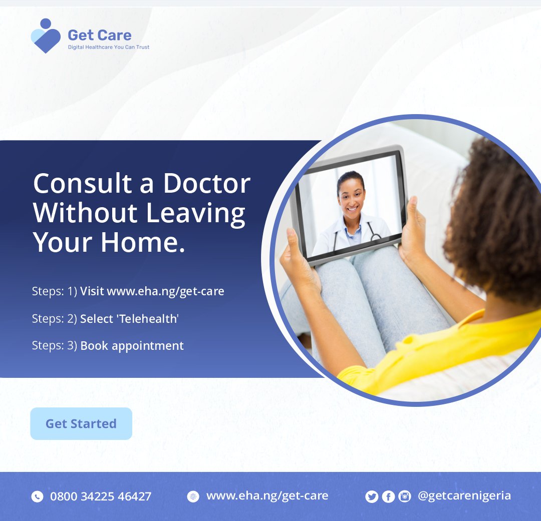 GetCareNigeria's tweet photo. Follow these steps to enjoy high quality #healthcare on our digital healthcare platform (Get Care by EHA Clinics).

To get started:
-visit https://t.co/HIAi34vo3U
-select 'Telehealth
-book an appointment

#GetCare #AbujaCommunity #onlinedoctor #telemedicine #MedTwitter #Abuja https://t.co/A7tBvfGx7M