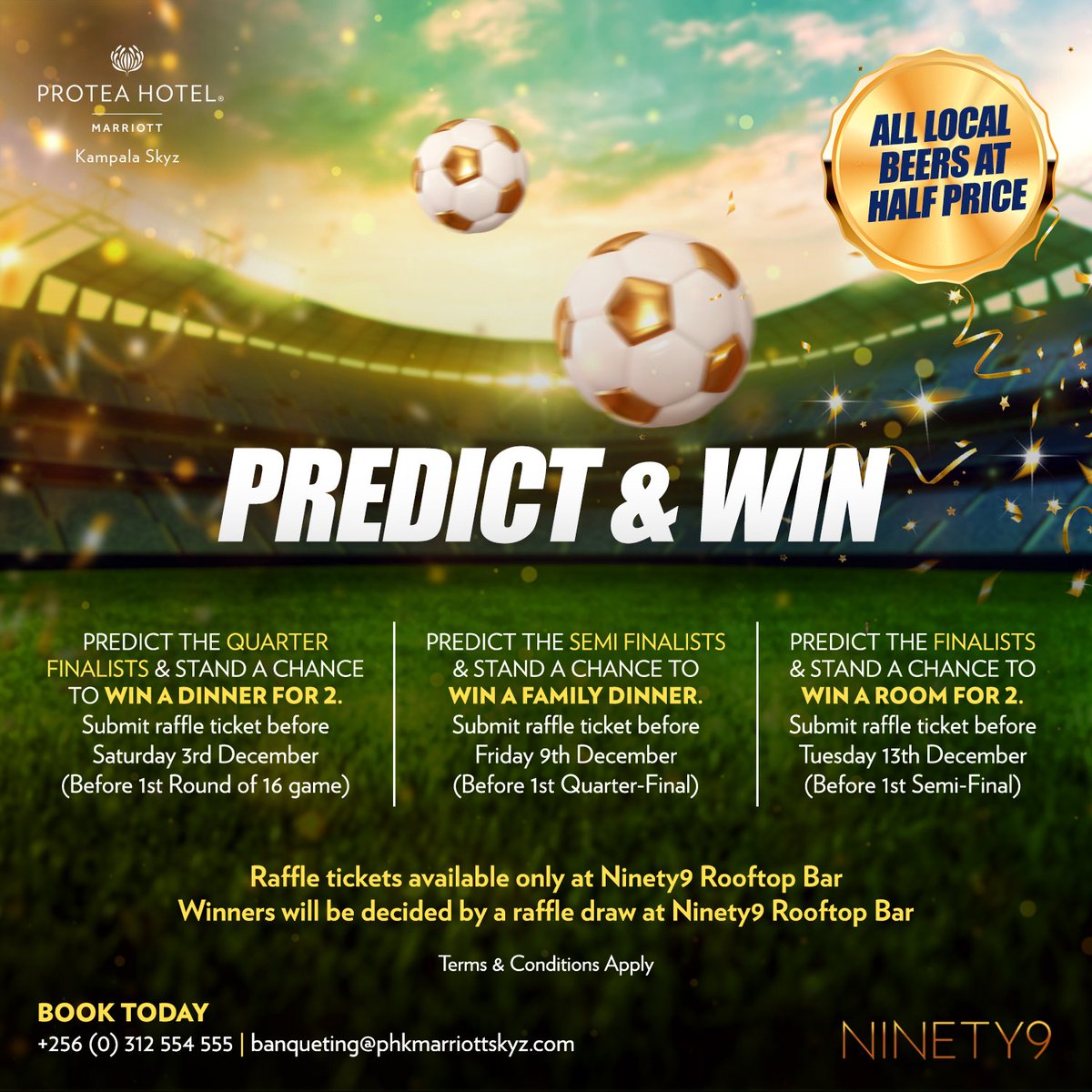 WATCH &amp; WIN WITH #SkyzHotel 🎉⚽

⚽ Enjoy the #WorldCup at our Ninety9 rooftop bar

⚽ Predict who will make it to the quarterfinals, semis &amp; the final

⚽ Enter our raffle draw to win a dinner for two, family dinner &amp; a room for two

See poster for details or call 0312554555