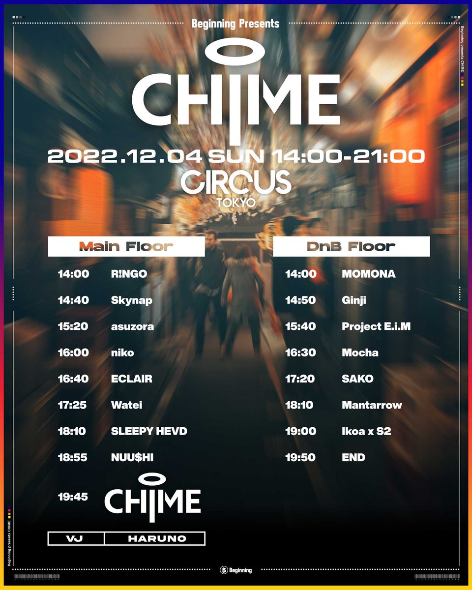 beginningtokyo's tweet photo. 🔥あと2️⃣日！タイムテーブル公開🔥
🇬🇧Chime単独公演🇯🇵
🗓️2022/12/4㈰14:00~21:00🗓️
🎪@CIRCUSTOKYO🎪
未成年🆗

🔴Main floor
14:00 R!NGO
14:40 Skynap
15:20 asuzora
16:00 niko
16:40 ECLAIR
17:25 Watei
18:10 SLEEPY HEVD
18:55 NUU$HI
19:45 Chime

VJ: Haruno

🎟️前売
https://t.co/JtruReZQN5 https://t.co/XRYuuXRbVJ