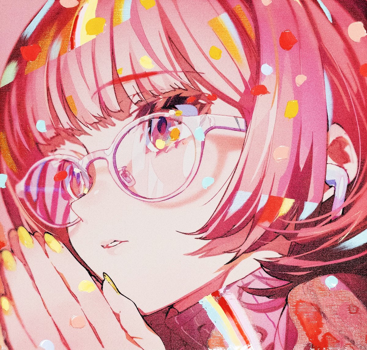 1girl solo glasses bangs pink hair portrait parted lips  illustration images