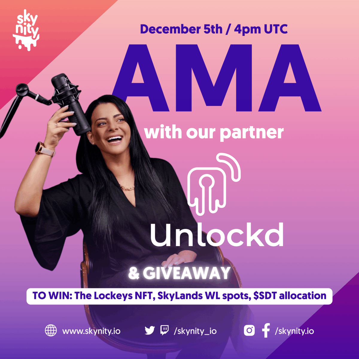 Jump in for AMA and #Giveaway with <a href="/Unlockd_Finance/">The Lockeys - by Unlockd</a> 

📅5 Dec, 4pm UTC
📍x.com/i/spaces/1dRKZ…

Topic: How does #NFTs lending help games grow.

Prizes include 🏆:
1️⃣ x Lockeys #NFT from Unlockd
5️⃣ x WL slot for SkyLands NFTs and $100 worth of $SDT (0.04$/$SDT) 👀