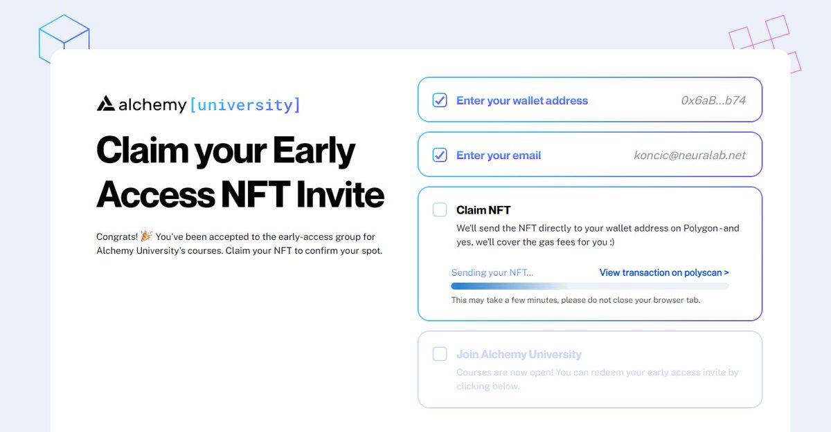 Kreshomir's tweet image. We talked about NFT-gated products/content on yesterday&apos;s #GameChangerConference panel. And *this* UX from @AlchemyPlatform is a token example :)