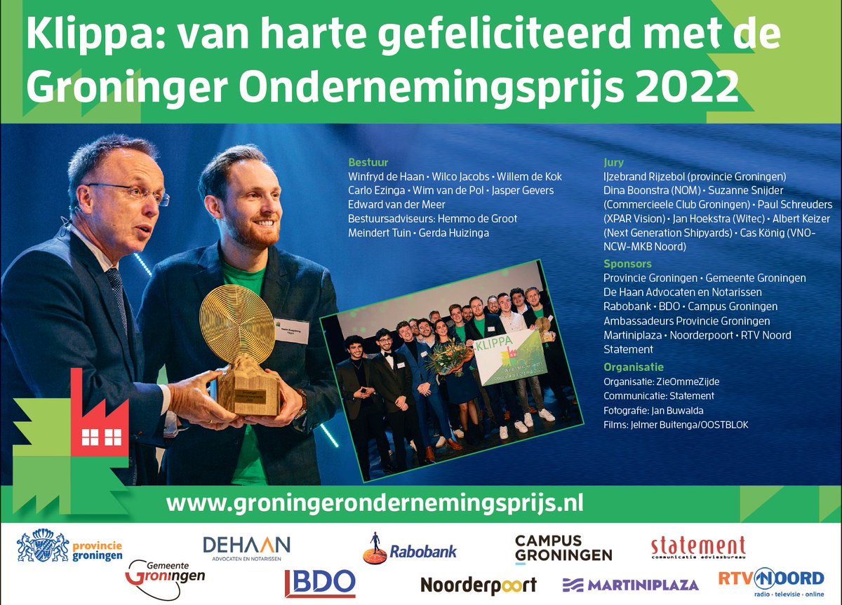 Van harte gefeliciteerd <a href="/KlippaApp/">Klippa🤳</a> met het winnen van de Groninger Ondernemingsprijs 2022, namens bestuur, jury, sponsors en organisatie. Het was een spannende, informatieve en feestelijke finaleavond, die ons nog lang zal heugen! Veel plezier tijdens de Klippa Familiedag!