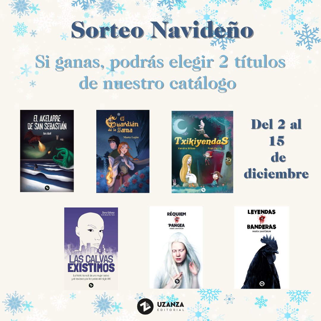 UzanzaEditorial's tweet image. 🎄Estamos ya en diciembre y nos apetece hacer un SORTEO NAVIDEÑO.
Para participar hay que:
- Seguir a Uzanza Editorial
- Hacer retuit a esta publicación
- Mencionar 2 cuentas con las que compartiríais
La persona ganadora podrá elegir 2 títulos de nuestro catálogo📚 ¡Mucha suerte!