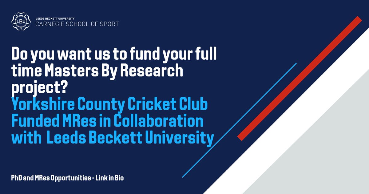 Carnegie_Sport's tweet photo. Northern Diamonds County Cricket Club opportunity:
Full-time Masters by Research
Start date: 1st February 2023
The MRes studentship will include UK tuition fees being covered.
#LeedsBeckettUniversity #paidstudentship #carnegieschoolofsport #paidresearchopportunity #yorkshire https://t.co/5A4h9buBBS