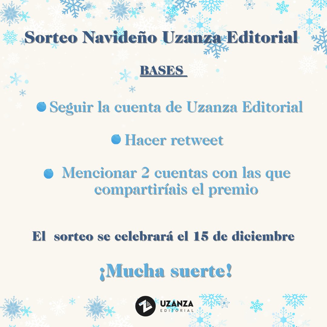 UzanzaEditorial's tweet image. 🎄Estamos ya en diciembre y nos apetece hacer un SORTEO NAVIDEÑO.
Para participar hay que:
- Seguir a Uzanza Editorial
- Hacer retuit a esta publicación
- Mencionar 2 cuentas con las que compartiríais
La persona ganadora podrá elegir 2 títulos de nuestro catálogo📚 ¡Mucha suerte!