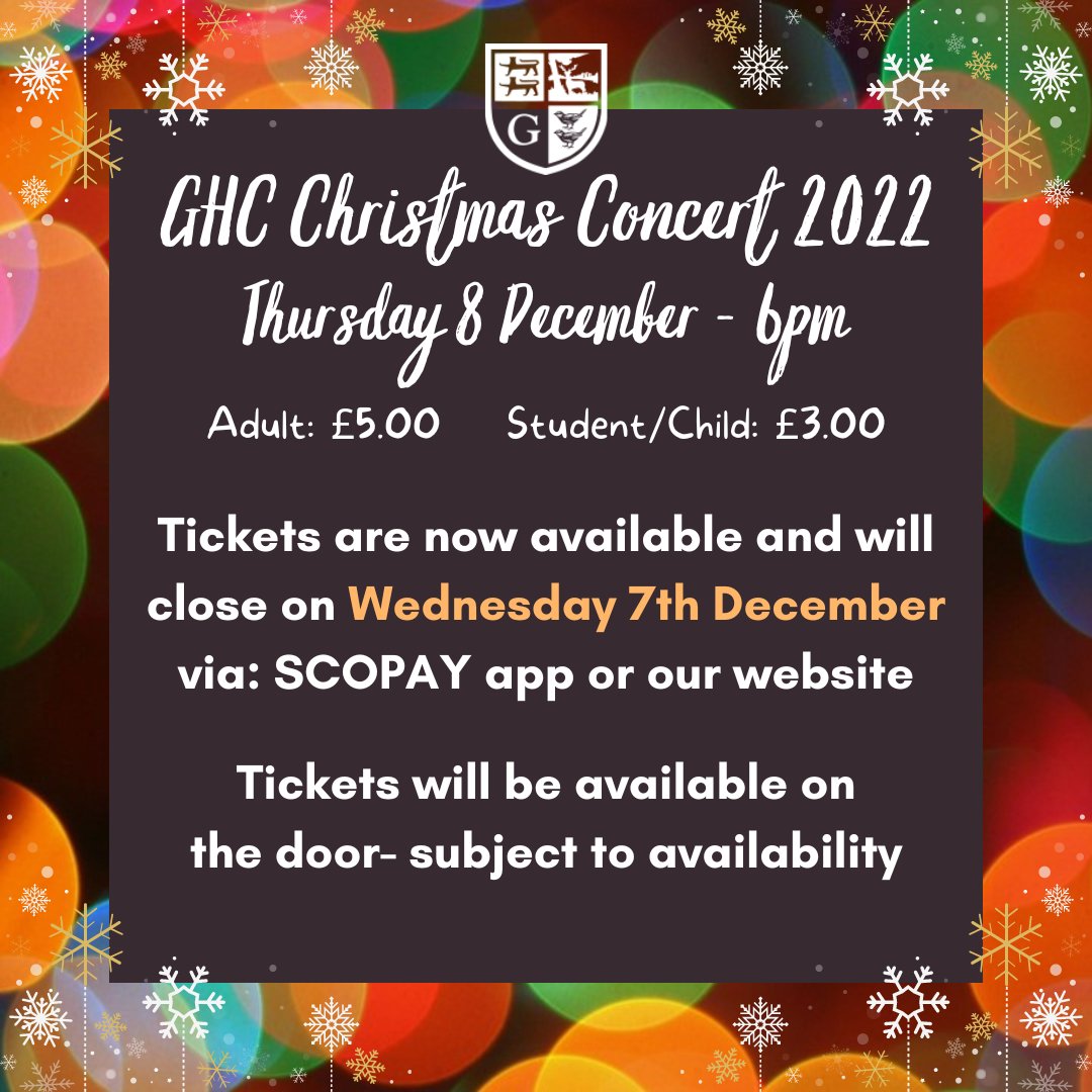 GHCPerforming's tweet photo. Our next event will be this year's Christmas Concert, taking place on Thursday 8 December at 6pm.

Tickets are on sale right now, and can be purchased through the Scopay app or via https://t.co/eGuZAlAmuf.

🎼🎄 https://t.co/K0lwQUwww7