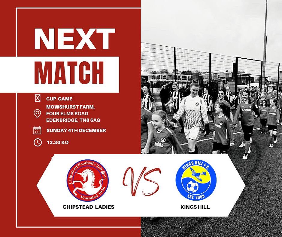 Chipstead Ladies are in cup action this weekend…  

🏆 Kent Divisional Cup 
🆚 Kings Hill Ladies 
🥅 Mowshurst Farm, Four Elms Road TN8 6AG
🗓️ Sunday 4th December 
🕐 13.30 KO 

Please come along to support our ladies 🍟 
Sponsors:
riflemansevenoaks.co.uk
fullaccountingservices.co.uk