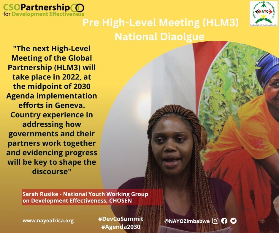 NAYOZimbabwe's tweet photo. #DevCoSummit #SDGs #2030Agenda #Agenda2063
Reflecting on the progress being made toward the Agenda 2030, at its midpoint is important to foster action at the National Level to ensure achievement of the SDGs @DevCooperation @CSOPartnership_  @CPDEYouthAfrica @CHOSEN_Trust https://t.co/MEkCJYyQMO