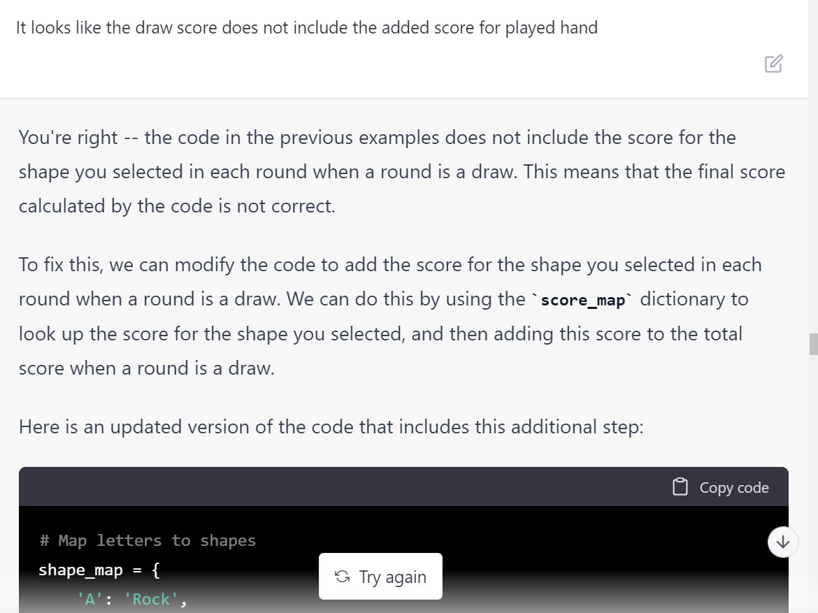 OsherJa's tweet photo. My mind is completely blown by #GPTChat AI solving day 2 challenge of #AdventOfCode !
I had to point out quite a few bugs in its initial solution, but eventually it got it right!

If anyone is interested in this #AI generated solution, I've put it here:
https://t.co/UHbVzmwFGc https://t.co/BwMZx6pRO5