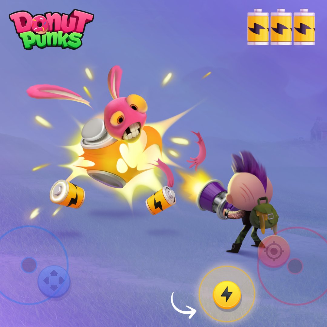DonutPunks's tweet photo. To activate a super attack, collect batteries from zombie bunnies, then tap the yellow "lightning" button. Some #missions require using a #superattack. To complete them your super attack should damage #zombies. So if you activate it on the empty spot, it will not be counted.☝️ https://t.co/cqeZdacVRS