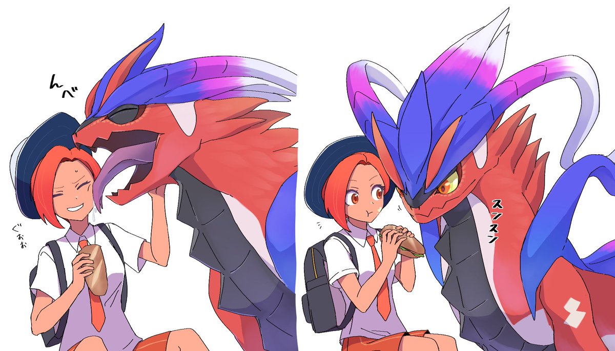 1girl pokemon (creature) orange shorts eating orange necktie shirt food  illustration images