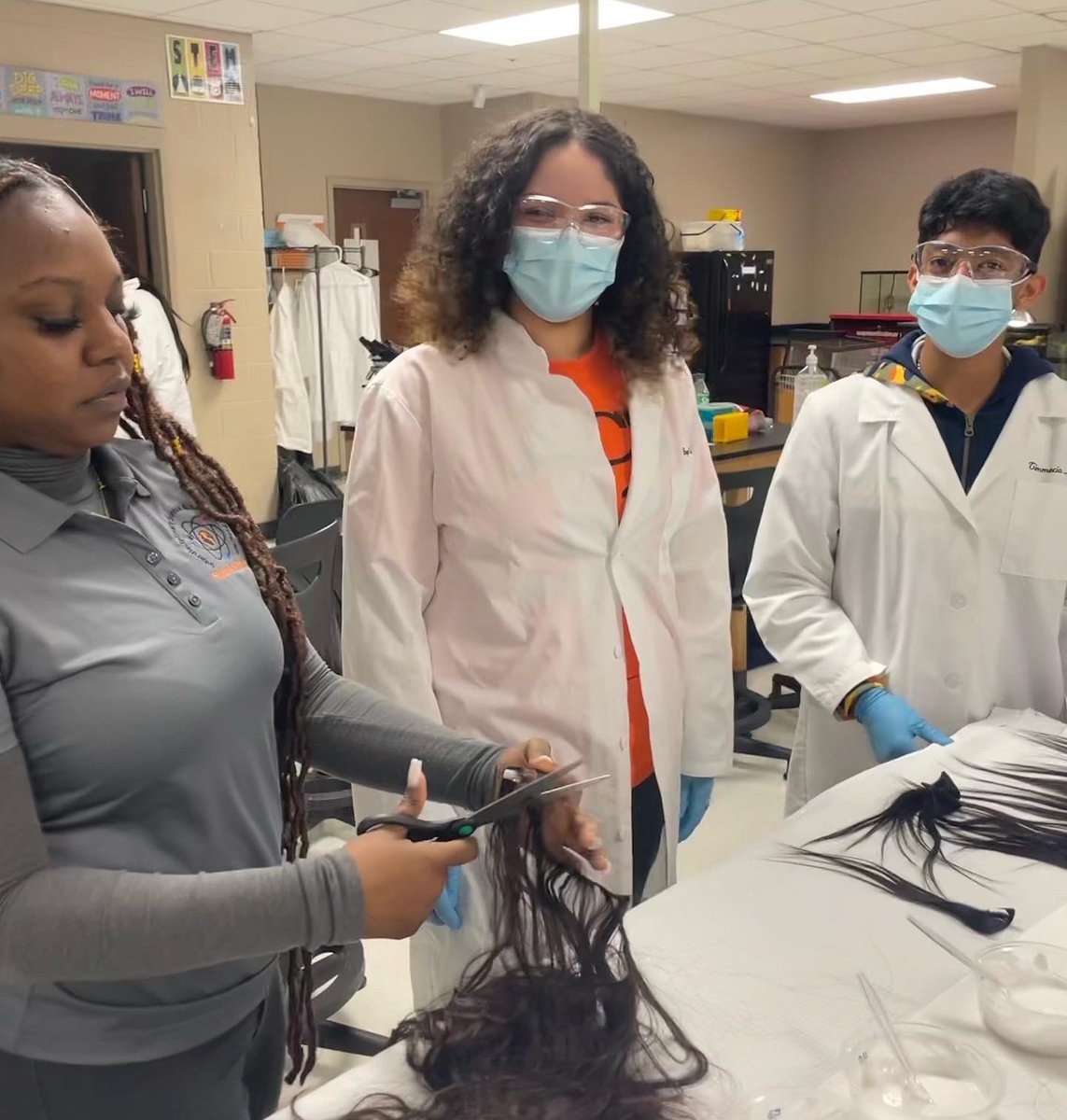 Led by Dr. Kiara T Vann, Stratford STEM’s Interdisciplinary Science &amp; Research III students are determining the effects of lighteners on different hair types as part of their unit on Cosmetic Chemistry. #ExperienceISR