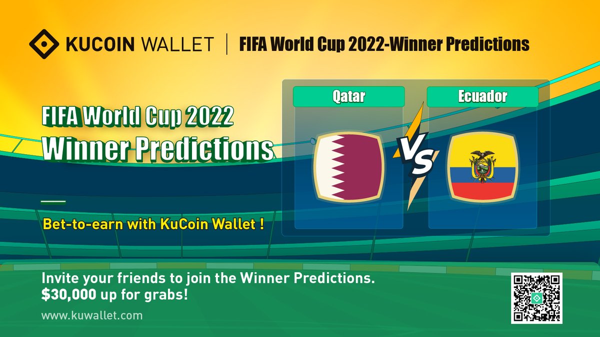 HaloDotSocial's tweet photo. 📢4 hrs to the opening match of #FIFAWorldcup : 
🇶🇦#QATAR vs 🇪🇨#ECUADOR

Which team will be the winner?

Vote for your favorite team on #KuCoinWallet and win a share of $30,000!🎁
➤https://t.co/4GOoXLKFta

⚽️💚+RT
⚽️Tag 3 friends

Let’s see who will be the MASTER predictor!😎 https://t.co/sZf0rvSaVM
