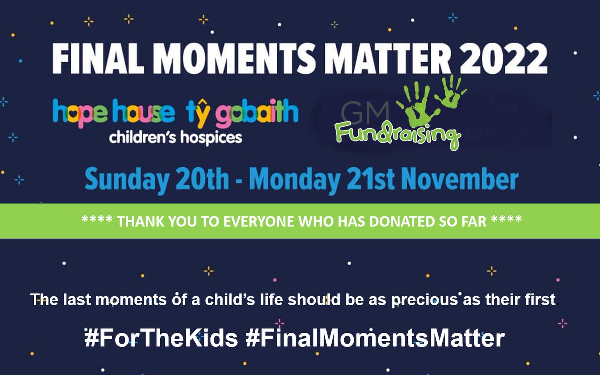 A big 'THANK YOU' to everyone who has donated so far to Final Moments Matter 🙏 - it's not too late to donate, so please click our link below. All donations will support <a href="/HHTGhospices/">Hope House & Tŷ Gobaith Children's Hospices</a> end-of-life care for 2023 💚❤️👇

charityextra.com/finalmomentsma…

#FinalMomentsMatter #forthekids
