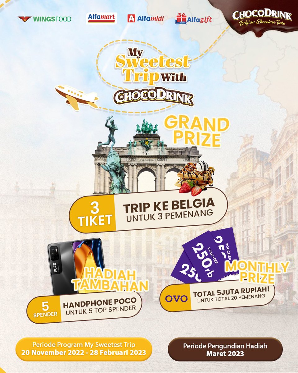 JALAN-JALAN GRATIS KE BELGIA!

Siapa sih yang gakmau jalan-jalan gratis ke Belgia?!!! Gampang banget lagi caranya, cukup belanja minimal 2 Chocodrink Bag di Alfamart/Alfamidi/Alfagift 🥳✨