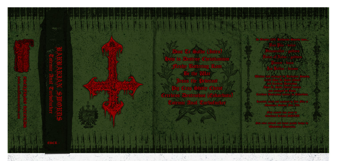 BarbarianSwords's tweet photo. 🔥 THE LAST DESECRATION - Totemic Anal Turbofucker, finally on pro tape limited to 50 putrid copies by @EscafismoR!! Alternative artwork by Woodcvtter Illustration - OUT IN DECEMBER 2022 - https://t.co/Z3LwPuqOBc https://t.co/Plr8hhgV7Y