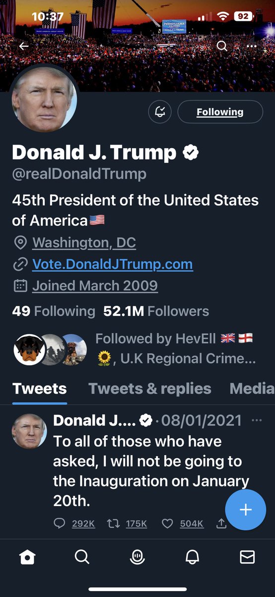 Mark4Hitchin's tweet photo. The @realDonaldTrump Donald J Trump account has gone from 25 to 52 million followers since I’ve been up this morning 🤣 https://t.co/F36rxNYfKE