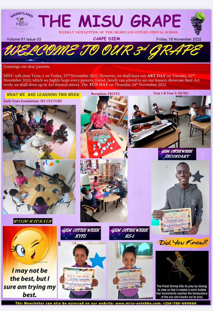 MerrylandU's tweet photo. Welcome to the 3rd Issue of the MISU GRAPE 🍇
#languagedevelopment #EntebbeAirport #Misu #earlylearning #internationalteacher #earlychildhoodeducation #merrylandinternational #swiming #education #Cambridge #staffPD #outdoorlearning #internationalschool https://t.co/DlF4yEoHJ4