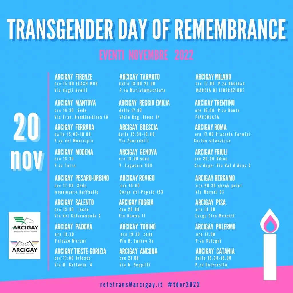 🕯️⚧️Ogni anno come comunità transgender celebriamo nella data del 20 novembre la ricorrenza del 
𝐓𝐃𝐨𝐑 - 𝐓𝐫𝐚𝐧𝐬𝐠𝐞𝐧𝐝𝐞𝐫 𝐃𝐚𝐲 𝐨𝐟 𝐑𝐞𝐦𝐞𝐦𝐛𝐫𝐚𝐧𝐜𝐞, la giornata in ricordo delle vittime dell’odio transfobico 
nel mondo. 
instagram.com/p/ClLfXz6qkEh/…
#TDOR2022