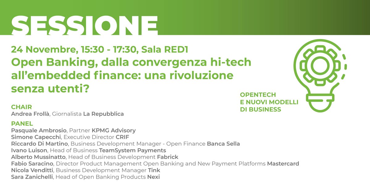 #salonepagamenti Giovedì #24nov iscriviti e prenota il tuo posto bit.ly/3En3eI8 alla #sessione #OpenBanking, dalla convergenza hi-tech all’#embeddedfinance: una rivoluzione senza utenti? moderata da <a href="/andrewjfro/">Andrea Frollà</a> <a href="/repubblica/">Repubblica</a> #openinnovation #payvolution #weareopen22
