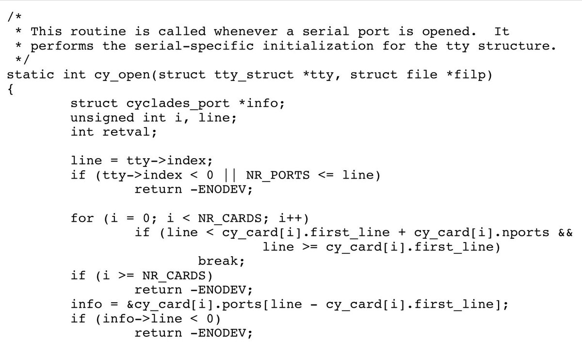 Screenshot of a #salient piece of Open Source code I worked on some 30 years ago that is still part of the Linux Kernel today.