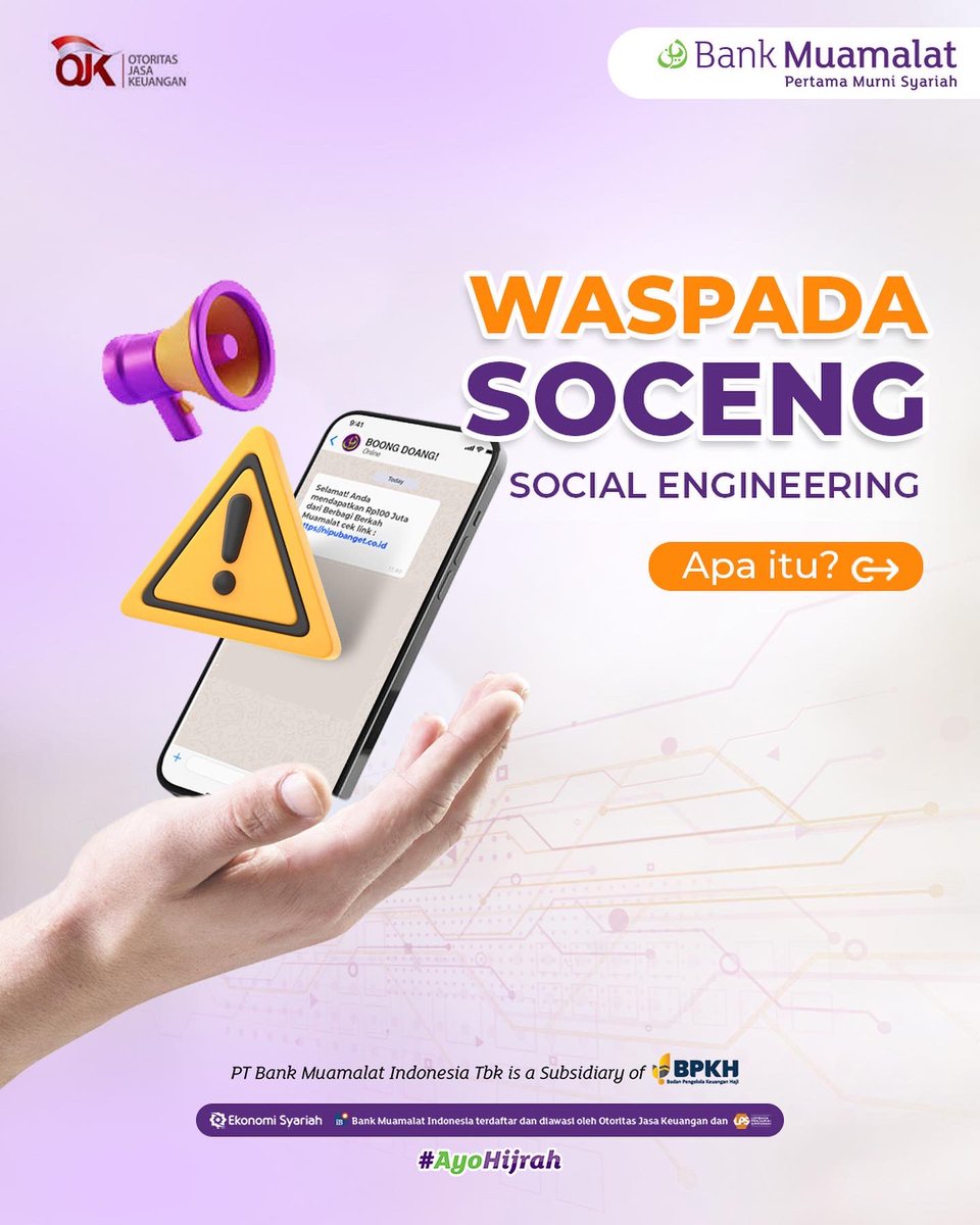 BankMuamalat's tweet photo. Assalamualaikum BMers!
Kejahatan dalam dunia perbankan saat ini makin banyak terjadi, salah satunya melalui social engineering. Nah, biar kamu terhindar dari hal ini, yuk kenali 4 modusnya.
#MuamalatTips
#MuamalatShare
#BankMuamalat
#BankSyariah https://t.co/zR3pVKsbke