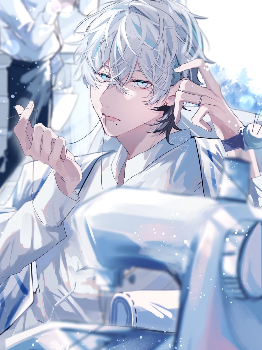 male focus 1boy white hair white shirt shirt blue eyes looking at viewer  illustration images