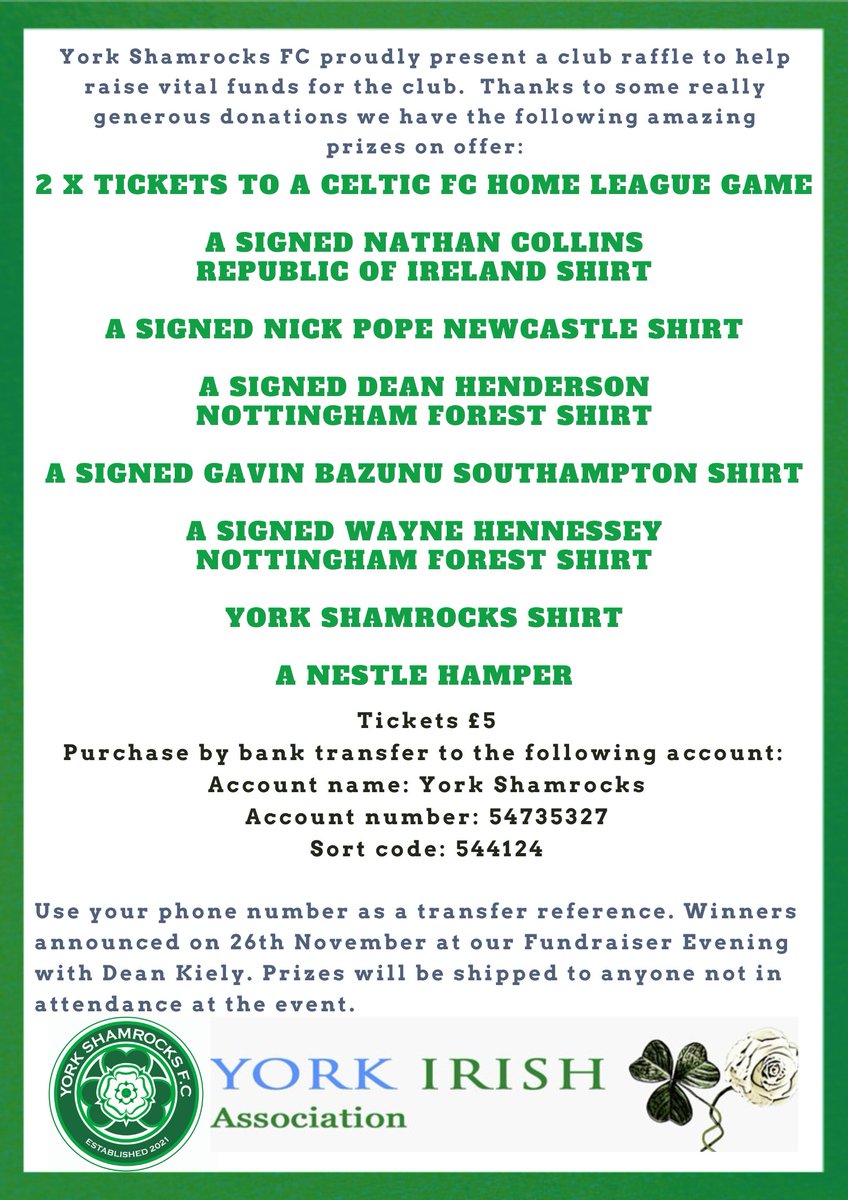 Raffle tickets for <a href="/YorkShamrocksFC/">York Shamrocks FC</a>  fundraiser night with Dean Kiely can be purchased online 🙌 Be in with a chance to win some brilliant prizes including signed club shirts of some top international goalkeepers such as Nick Pope, Gavin Bazunu, Wayne Hennessy &amp; Dean Henderson!