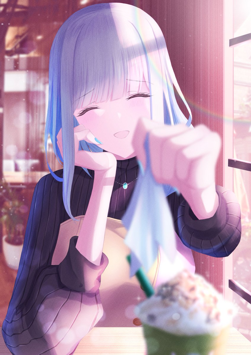 lize helesta 1girl closed eyes solo sweater smile blurry foreground white hair  illustration images