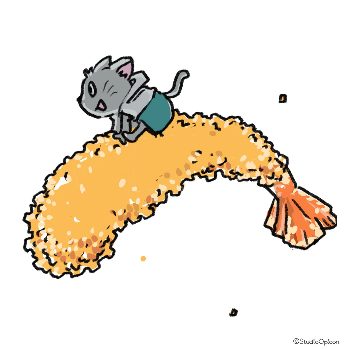 StudioOpicon's tweet photo. 「���コ・オン・ザ・フライ」
#イラスト #アート #絵 #キャラクター #ネコ #エビフライ #onthefly #動物イラスト #和み系キャラ #ゆるいイラスト #illustration #art #drawing  #character #cat #friedshrimp #animalillustration #cuteillustration #kawaiiart #nagomiart #yuruiart #StudioOpicon https://t.co/OE8YlKwgwt