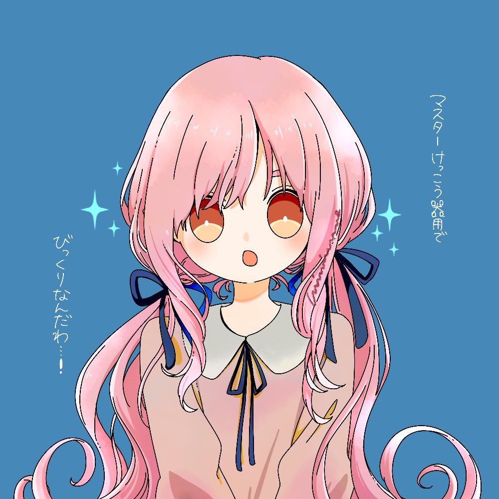 1girl solo pink hair twintails blue background long hair ribbon  illustration images