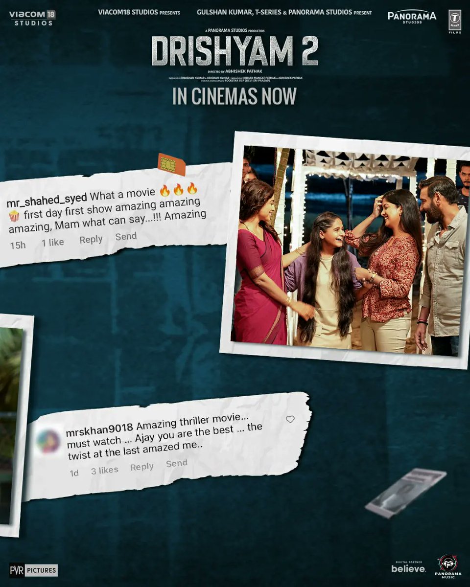 KumarMangat's tweet photo. Audience ne apni pyaar bhari gawaahi de di hai! Kya sabne dekha drishyon ka yeh khel? 

Book your tickets now!
#Drishyam2 now in cinemas near you https://t.co/HAbM0ykgob