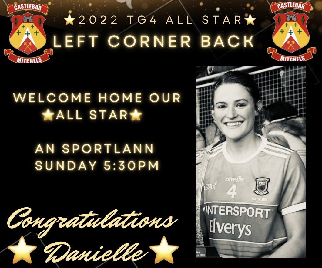 💛❤️⭐️ All Star HomeComing 💛❤️⭐️ 
In light of Danielle’s fantastic achievement on winning a TG4 All Star, a homecoming event has been planned for this evening. 

We would love to see all our players, supporters &amp; coaches there to welcome Danielle home, in An Sportlann at 5:30pm.