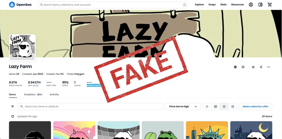 Fake Alert!⛔

There is another fake collection on <a href="/opensea/">OpenSea</a>

opensea.io/collection/laz…

Our official link is opensea.io/collection/laz…
Please don't be scammed.