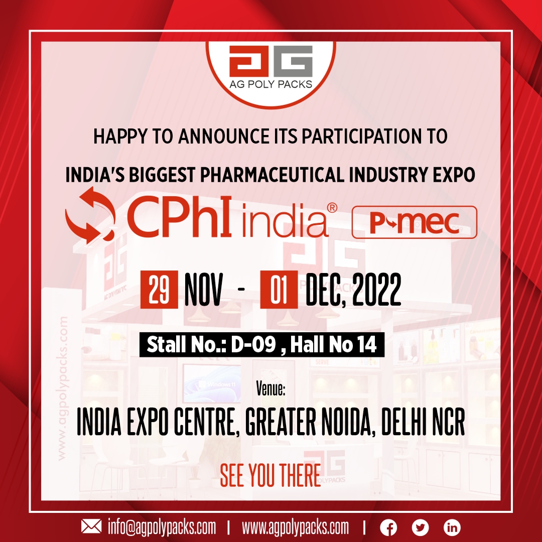 ag_packs's tweet photo. AG Poly Packs is excited to make its presence felt at CPHI and PMEC India, the countryโs biggest pharmaceutical industry expo on Nov 29 to Dec 1, 2022. Let us collaborate to define the new paradigm in pharma packaging.
#CPHI2022 #PMEC #CPHI_India #PMEC_India #AGPolyPacks #expo https://t.co/0yk65lNAVT
