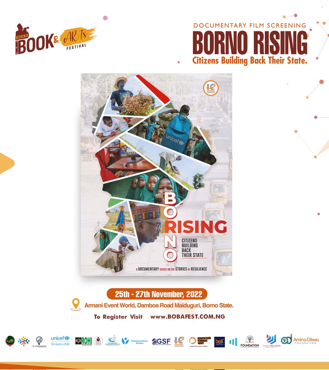 bobafest_24's tweet photo. Borno Book and Arts Festival #BoBAFEST22 is excited to screen Borno Rising, a documentary film produced by Informed Communications (IC).
Yet to register? Click the link on our bio and book your spot. We can't wait to see you!
#narratives #borno #arts #literature https://t.co/UbtWDq68xt