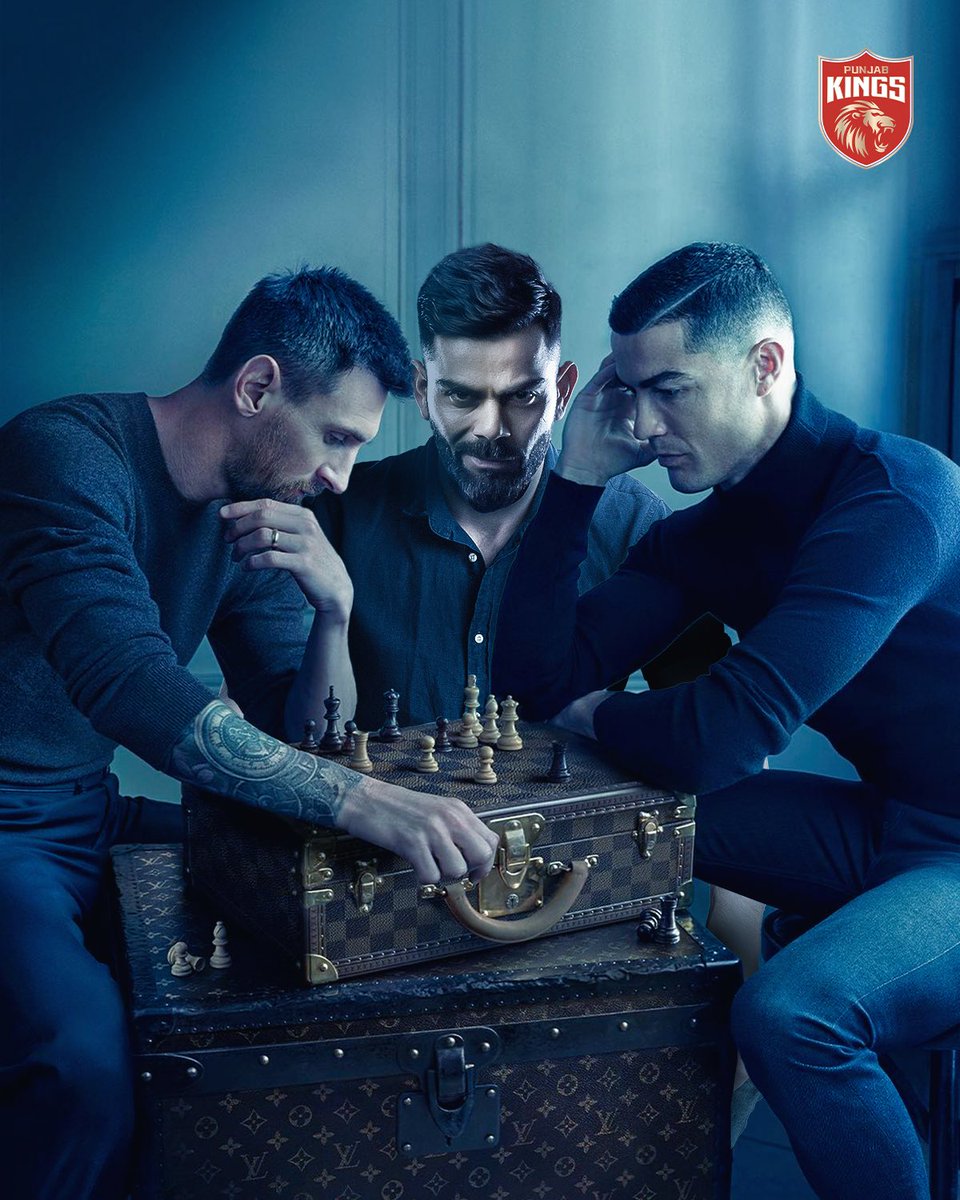 PunjabKingsIPL's tweet photo. 1 🖼️, 3 🐐s! 

#ViratKohli #LionelMessi #CristianoRonaldo #PunjabKings https://t.co/Cr965FnsXT
