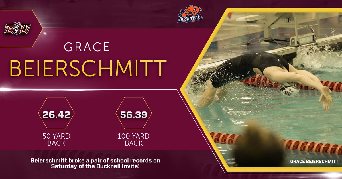 GoBUHuskies's tweet photo. Senior Grace Beierschmitt broke the BU record in the 50-yard back (26.42) and the 100-yard back (56.39) last night at the Bucknell Invite! Both record were held previously by Alex Wheatley in 2016! #Unleashed https://t.co/U3cVACxpFw
