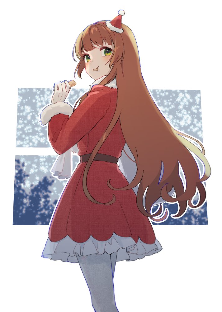 1girl long hair green eyes solo hat brown hair santa hat  illustration images