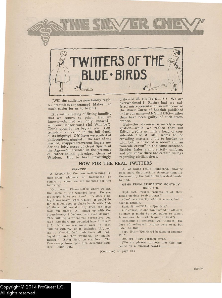 Twitters of the Blue Birds article from 1st May 1919 -- Source the pages of the Silver Chevron, the base hospital journal, Rockford Illinois #trenchjournals