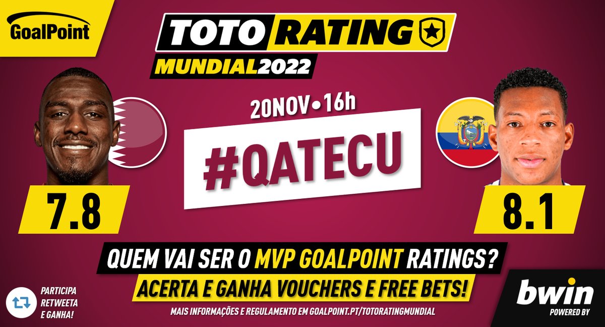 _Goalpoint's tweet photo. ⭐️ Acerta o MVP GoalPoint do #QATECU 🇶🇦🇪🇨 e ganha vouchers e free bets! 🔥⚽️

👉 Segue @_Goalpoint e @bwin_portugal  
👉 Faz reply a este tweet c/:
Jogador + Rating + #TotoRatingMUNDIAL
👉 Retweeta este tweet
Boa sorte! 💪

+ info 👉 https://t.co/My3SLSgYUL
#Passatempo #Qatar2022 https://t.co/dgkIAltzgU