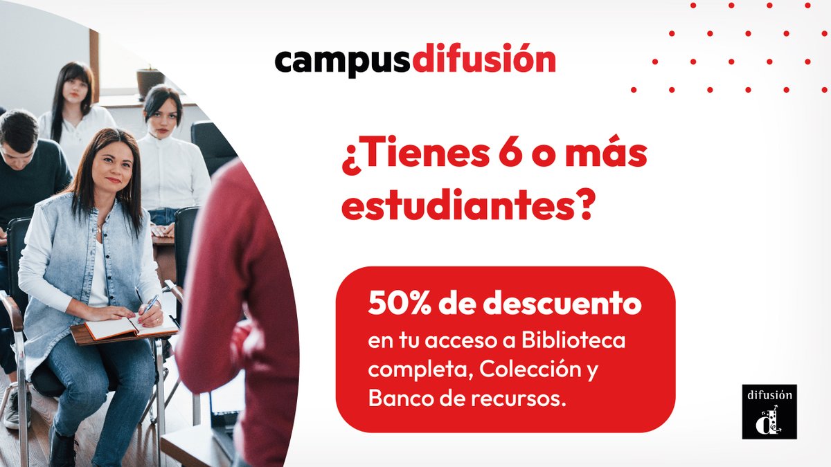 difusion_ele's tweet photo. ¿Tienes 6 o más estudiantes?
📩 Si los tienes, recibirás un código de descuento en tu correo electrónico.
50% de descuento en:
📘 Biblioteca completa
📕 Colección
📚 Banco de recursos
#ELE
#yoenseñoespañol
#RecursosELE
#MaterialesELE
#ManualesELE
#ComunidadDifusión https://t.co/2akQ4JB06o
