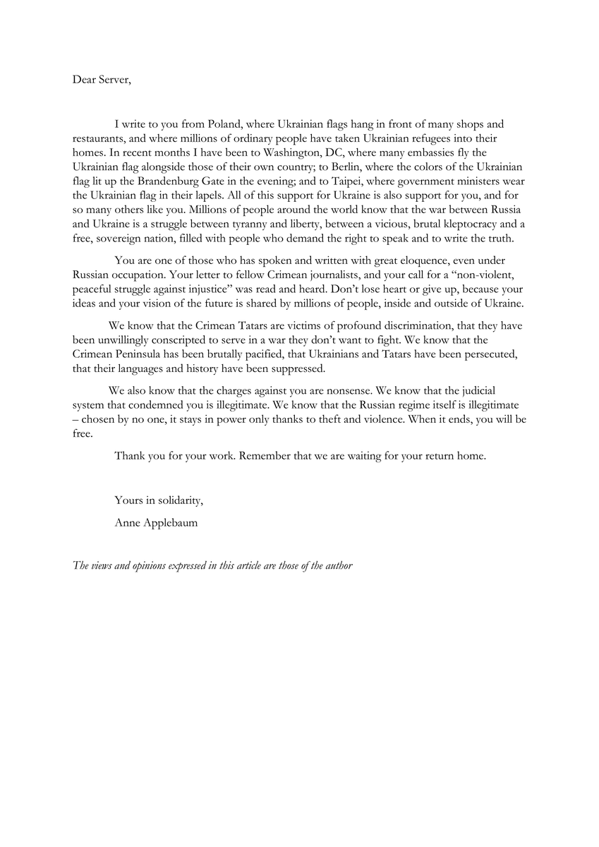 pen_int's tweet photo. Read Journalist and Historian, Anne Applebaum’s solidarity letter to #ImprisonedWriter #ServerMustafayev. Find out how you can TAKE ACTION for him too: https://t.co/2Nns1HDzx2 @anneapplebaum https://t.co/ulQEJ3ZwWY