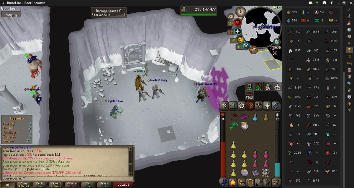 PvmAndChill's tweet photo. Good day at Nex yesterday for PAC :) Looking for some players to PvM with? PAC is the place to go :)

Spindude - Torva Platelegs
beer incomin - Zaryte Vambraces
jDalej - Torva Helm + Ancient Hilt

110+ PvM/Social clan
Discord: https://t.co/quvpIf0fpL https://t.co/ENVt6KG3FC