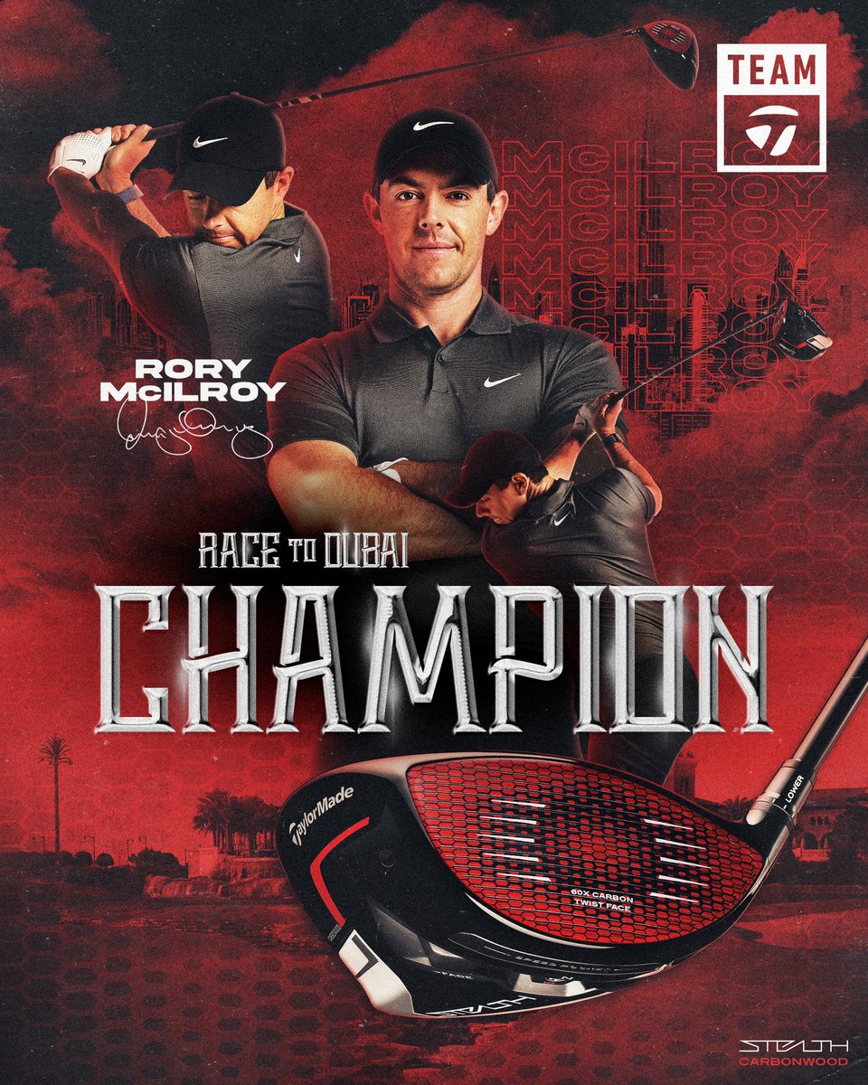 TaylorMadeCA's tweet photo. What a year for @McIlroyRory and what a year for #StealthDriver. He claims the DP World Tour’s season-long Race to Dubai title! Rory becomes just the second player ever to win both the FedEx Cup and Race to Dubai titles in the same season. 💪 #TeamTaylorMade https://t.co/bmEtqL3IJ9