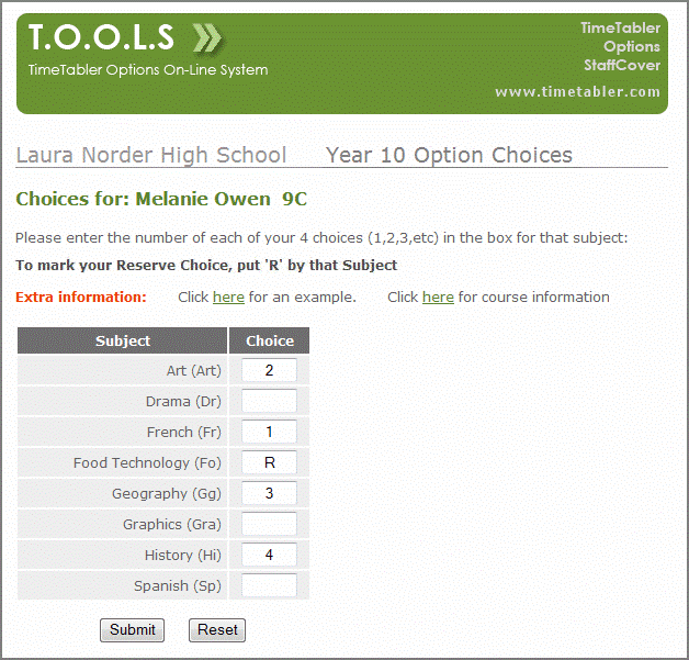 TimeTabler_UK's tweet photo. In Options, there are 3 ways of entering the subject Choices that your students make.

One way is to let students (or parents) enter their choices Online. This is done using TOOLS.

To find out more, visit : https://t.co/XE2pWE6vVT

#options #timetabler #electives https://t.co/6Eog6ajgs2