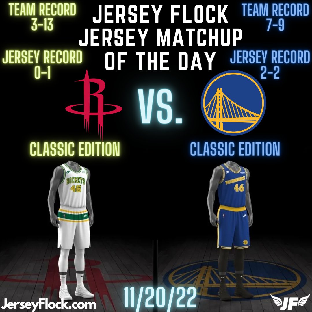 ShopJerseyFlock.com (@jerseyflock) on Twitter photo Today's <a href="/JerseyFlock/">ShopJerseyFlock.com</a> Jersey Matchup of the Day!
Both teams are turning back the clock and wearing their classic edition unis tonight 🔥 The Rockets jerseys represent the original green and gold San Diego Rockets, while the Warriors pay tribute to the "Run TMC" era of the 90's. Today's <a href="/JerseyFlock/">ShopJerseyFlock.com</a> Jersey Matchup of the Day!
Both teams are turning back the clock and wearing their classic edition unis tonight 🔥 The Rockets jerseys represent the original green and gold San Diego Rockets, while the Warriors pay tribute to the "Run TMC" era of the 90's.